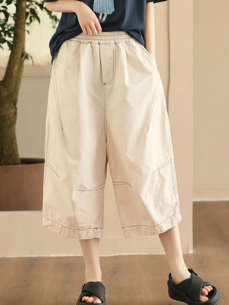 Women Summer Casual Pure Color Cotton Spliced Pants