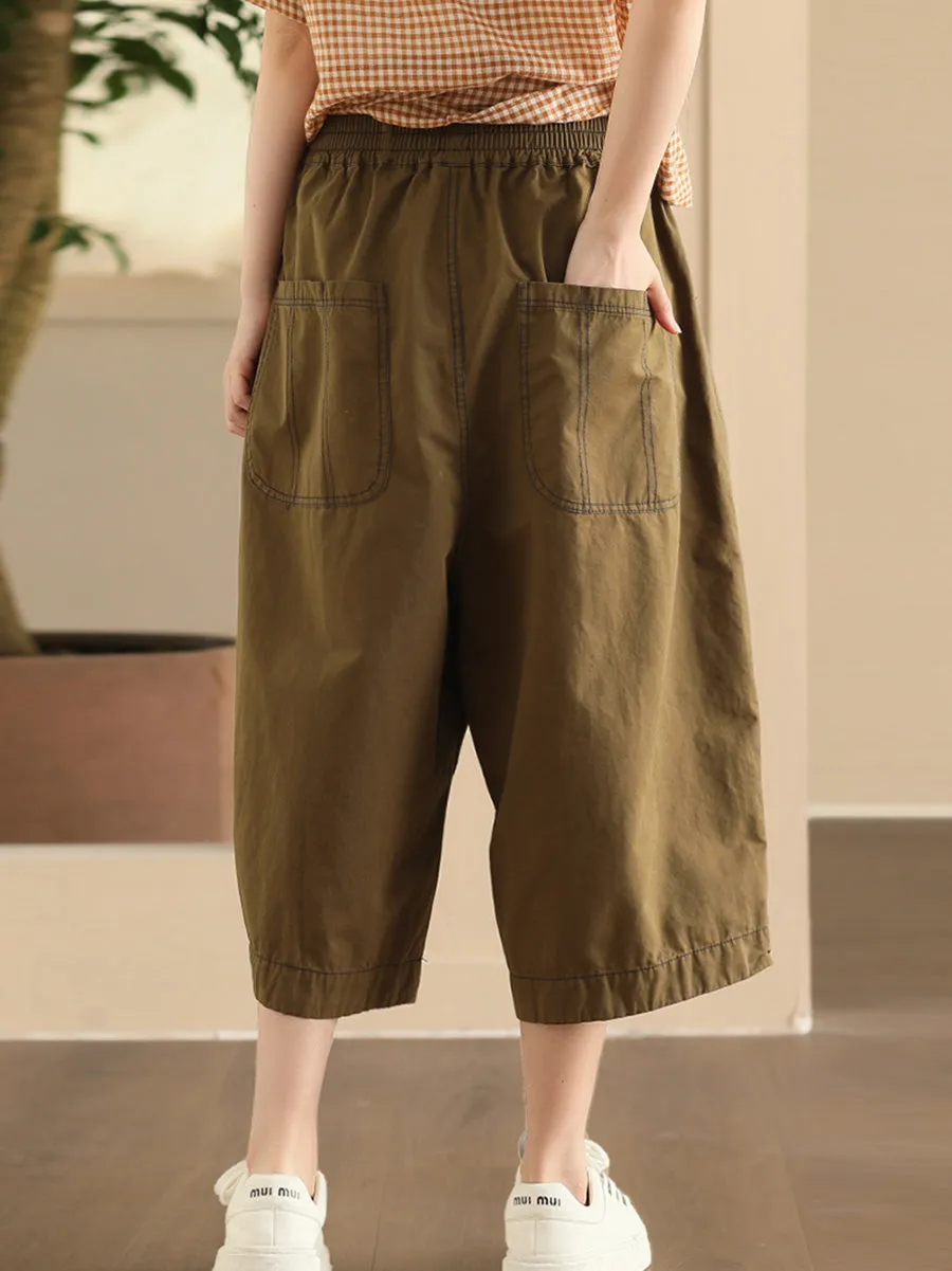 Women Summer Casual Pure Color Cotton Spliced Pants