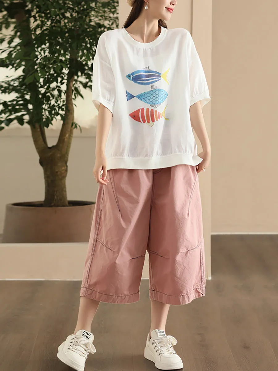 Women Summer Casual Pure Color Cotton Spliced Pants