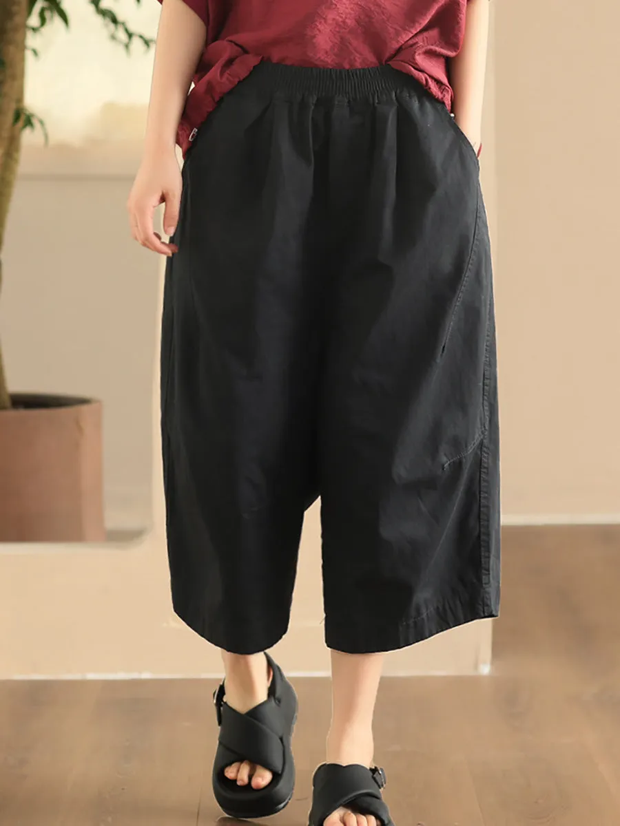 Women Summer Casual Pure Color Cotton Spliced Pants