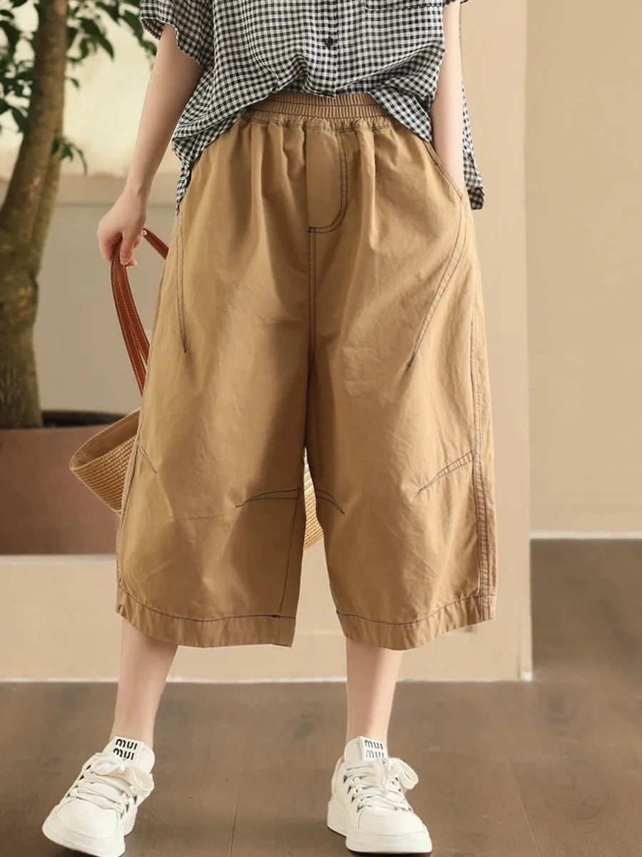 Women Summer Casual Pure Color Cotton Spliced Pants