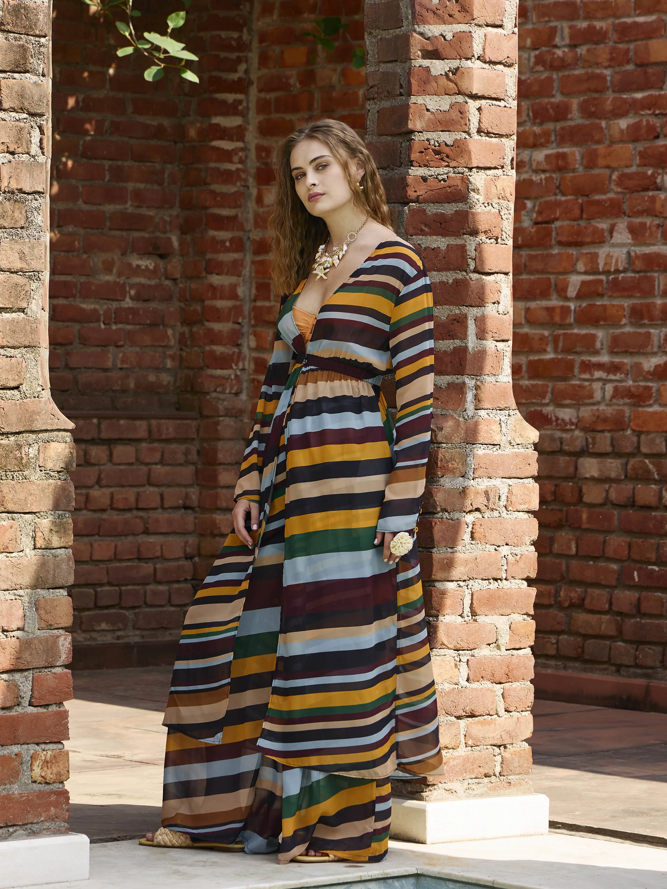 Women Yellow Multicolor Stripes Top With Flared Pants