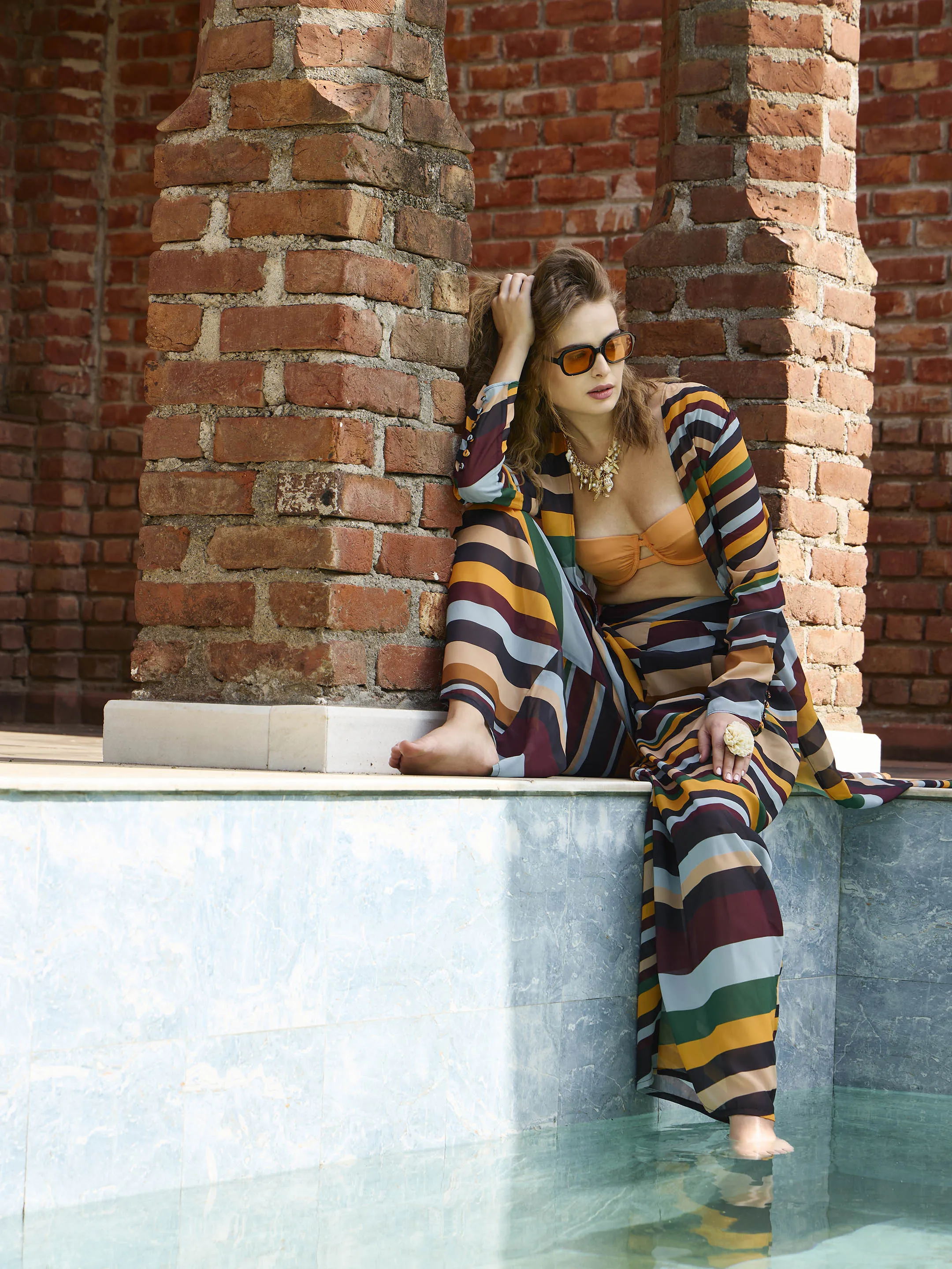 Women Yellow Multicolor Stripes Top With Flared Pants
