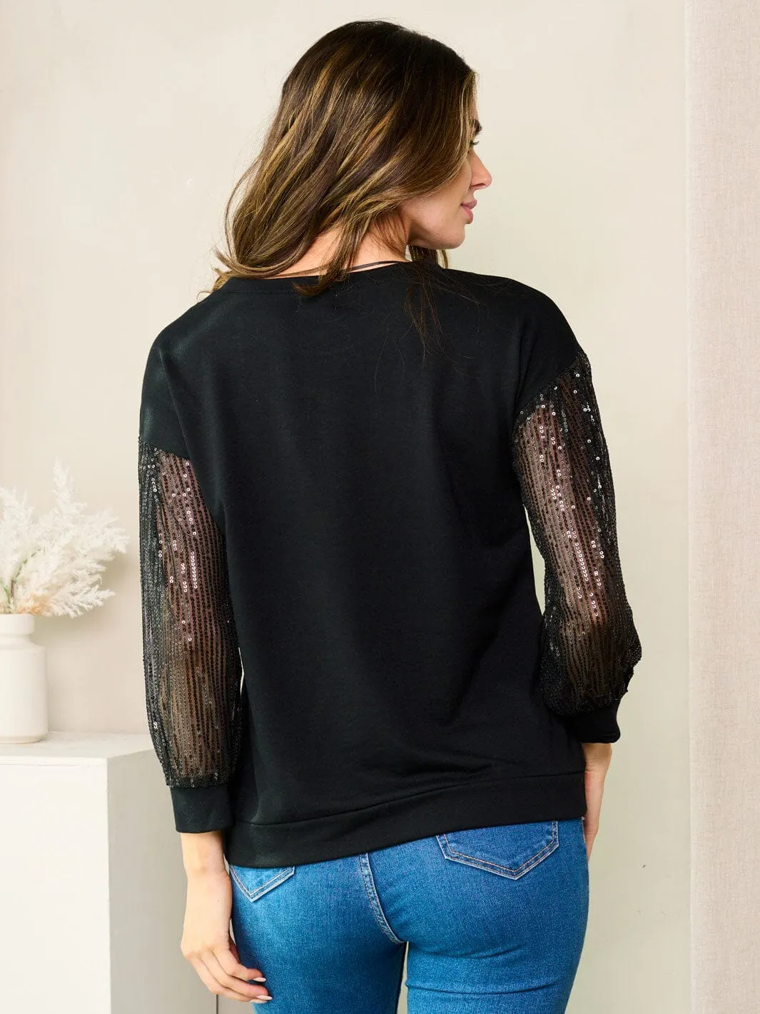 WOMEN'S 3/4 SEQUINS SLEEVES SOLID TOP