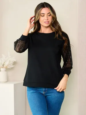 WOMEN'S 3/4 SEQUINS SLEEVES SOLID TOP