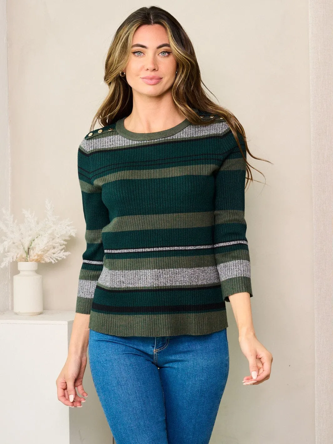 WOMEN'S 3/4 SLEEVE MULTI COLOR STRIPES TOP