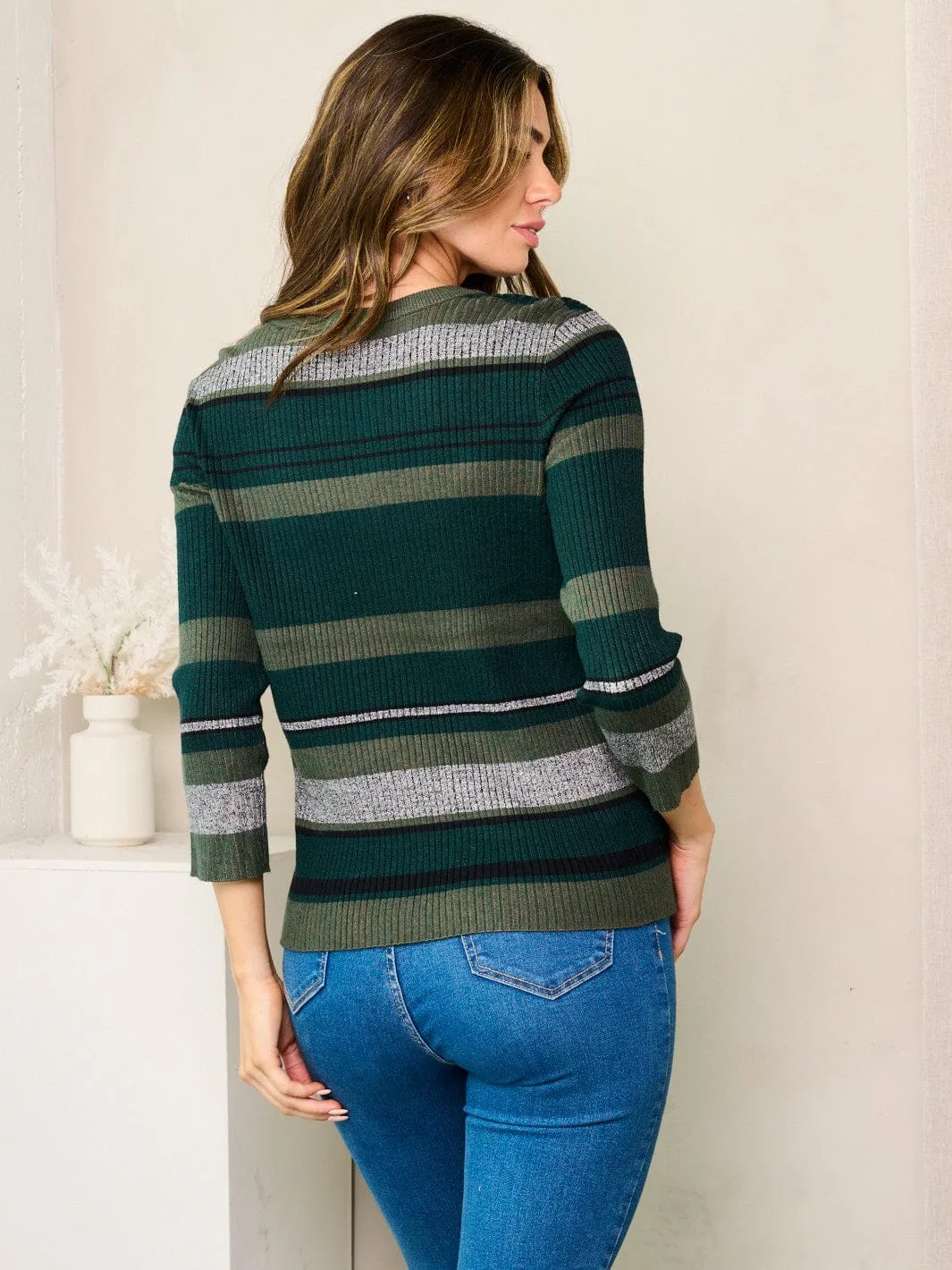 WOMEN'S 3/4 SLEEVE MULTI COLOR STRIPES TOP