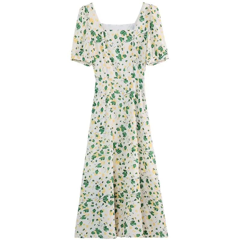 Women's Calf-length Chiffon Tea Dress with Charming Floral Design