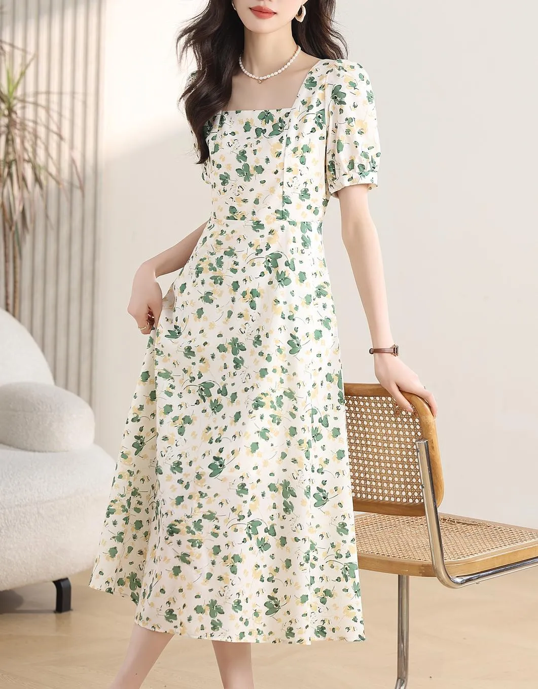 Women's Calf-length Chiffon Tea Dress with Charming Floral Design