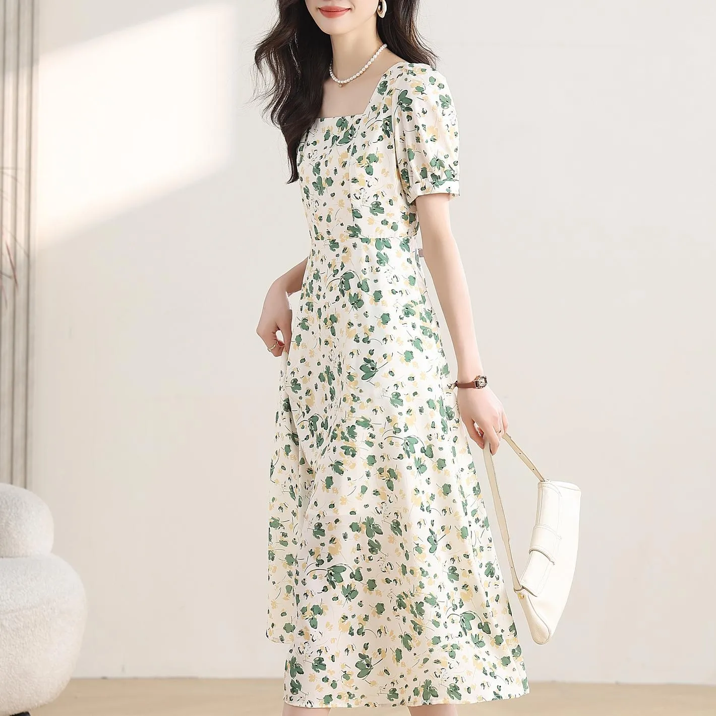 Women's Calf-length Chiffon Tea Dress with Charming Floral Design