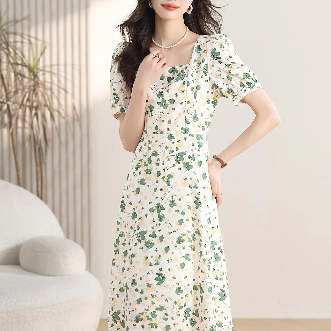 Women's Calf-length Chiffon Tea Dress with Charming Floral Design