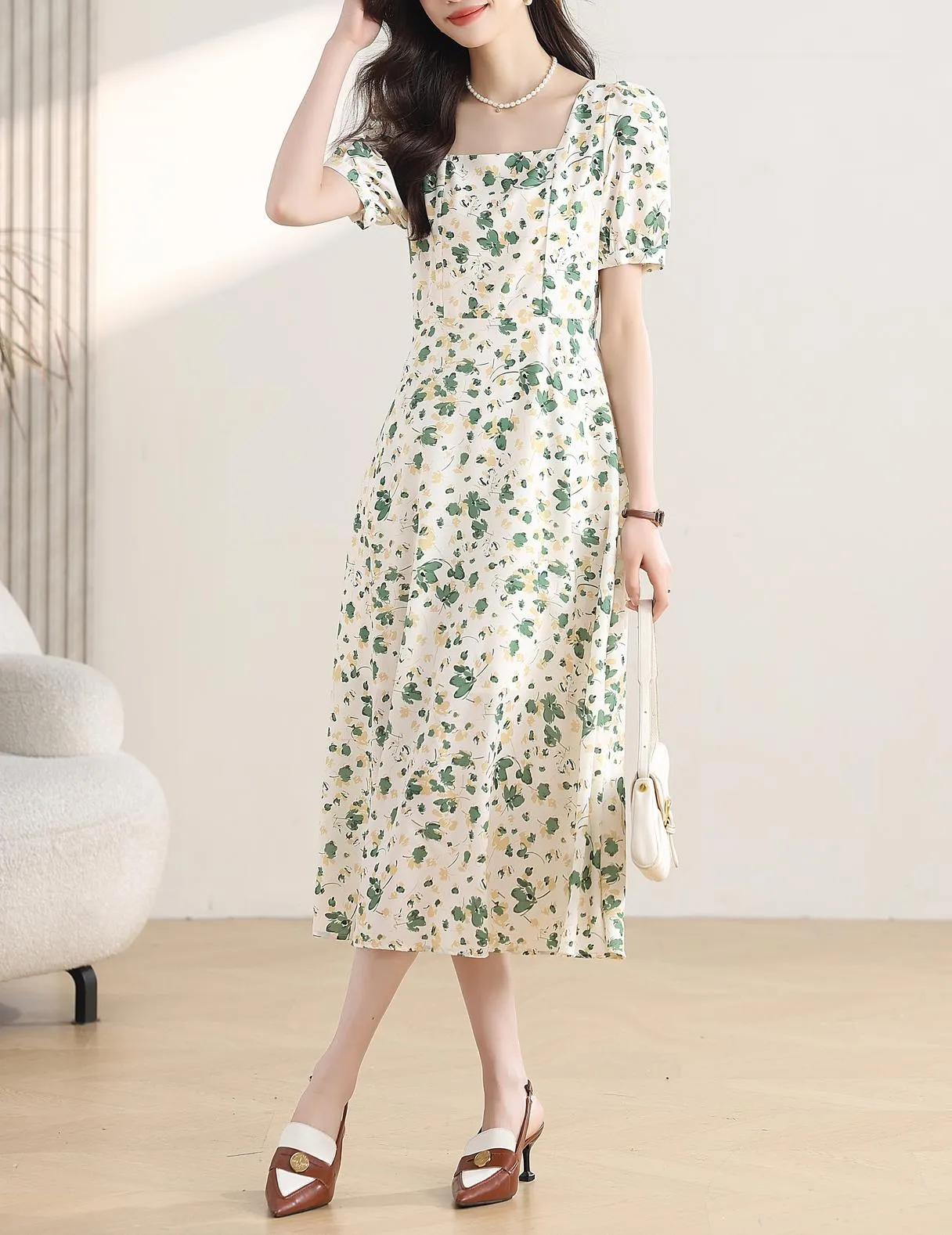 Women's Calf-length Chiffon Tea Dress with Charming Floral Design