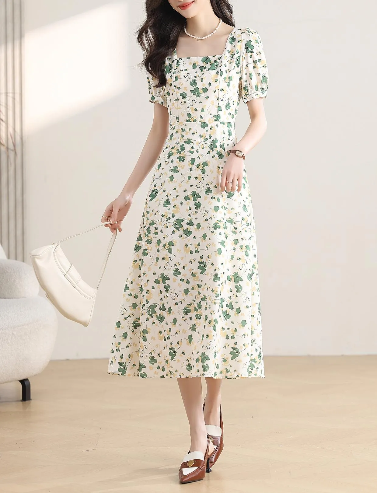 Women's Calf-length Chiffon Tea Dress with Charming Floral Design