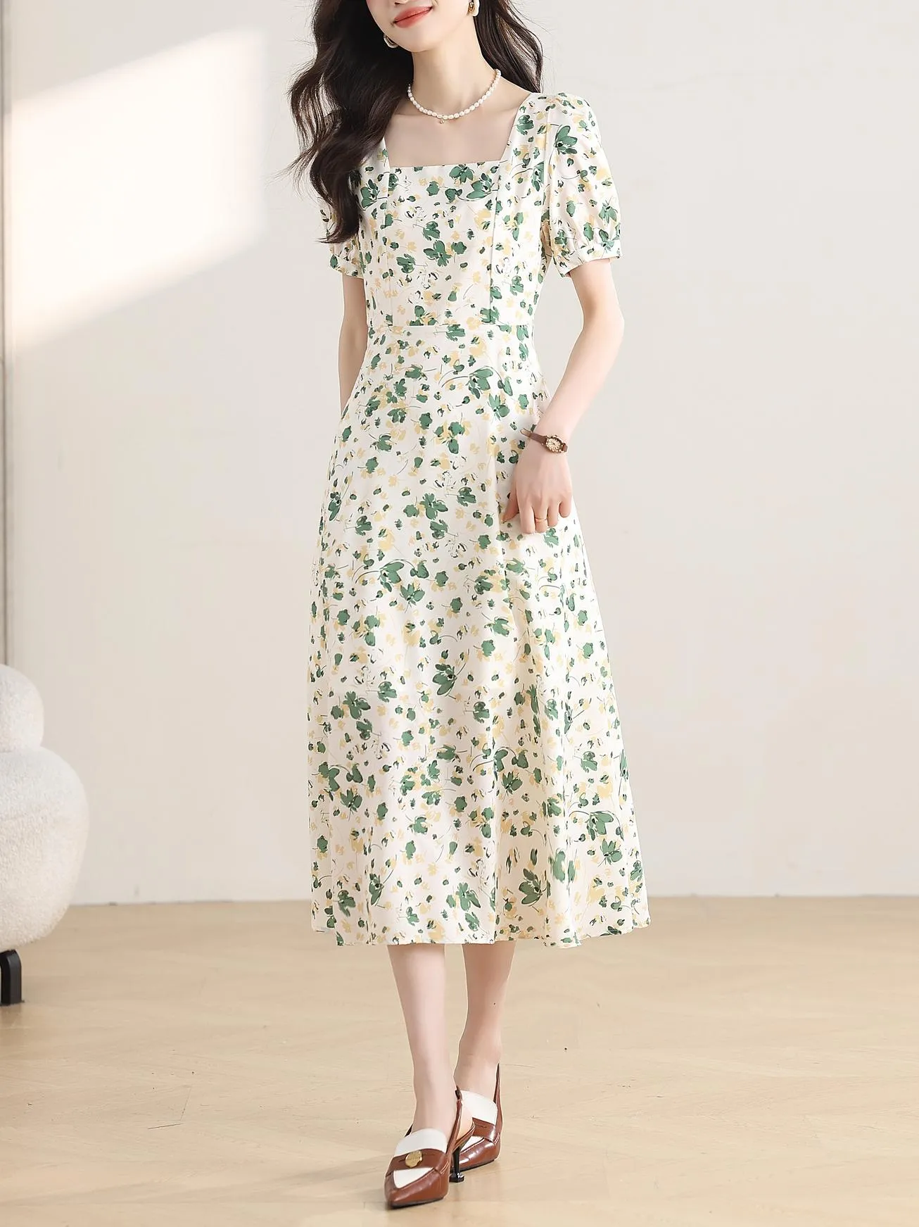 Women's Calf-length Chiffon Tea Dress with Charming Floral Design