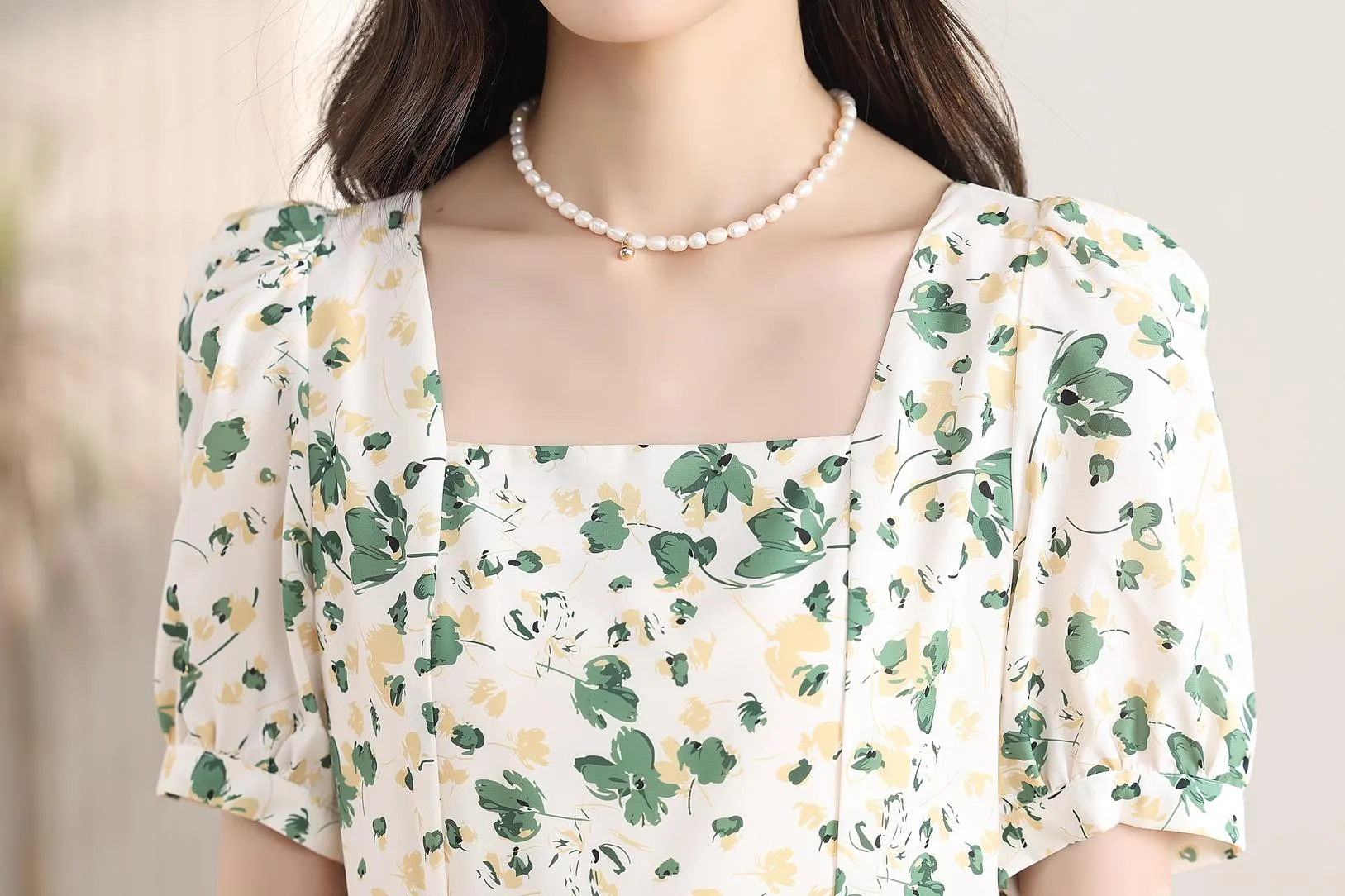Women's Calf-length Chiffon Tea Dress with Charming Floral Design