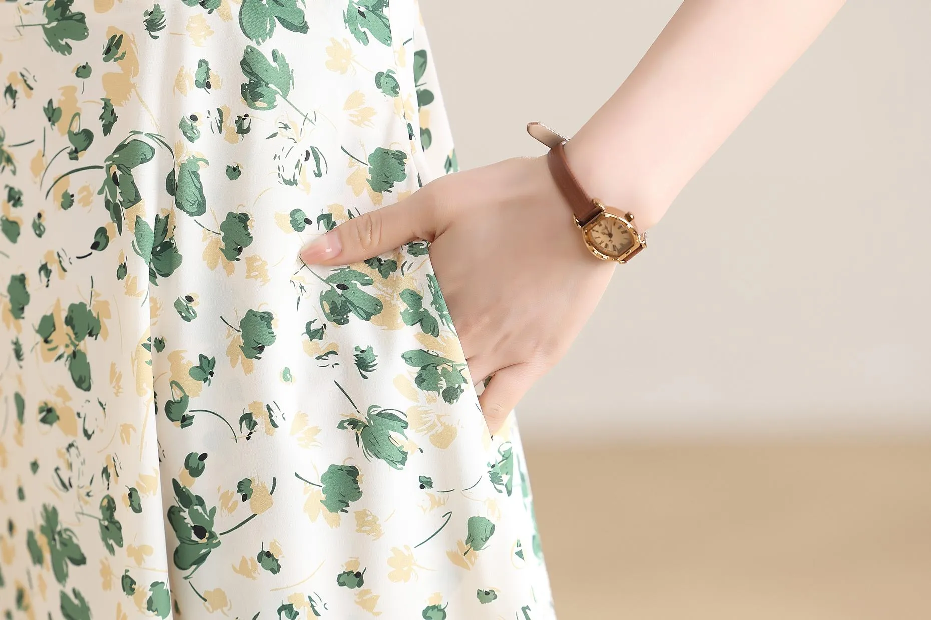 Women's Calf-length Chiffon Tea Dress with Charming Floral Design