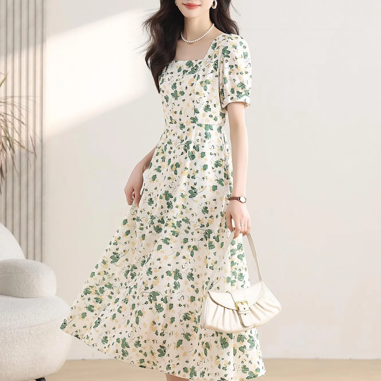 Women's Calf-length Chiffon Tea Dress with Charming Floral Design