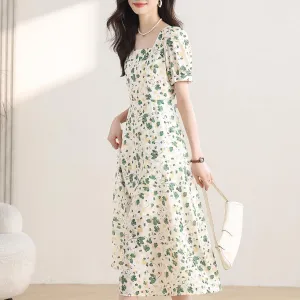 Women's Calf-length Chiffon Tea Dress with Charming Floral Design