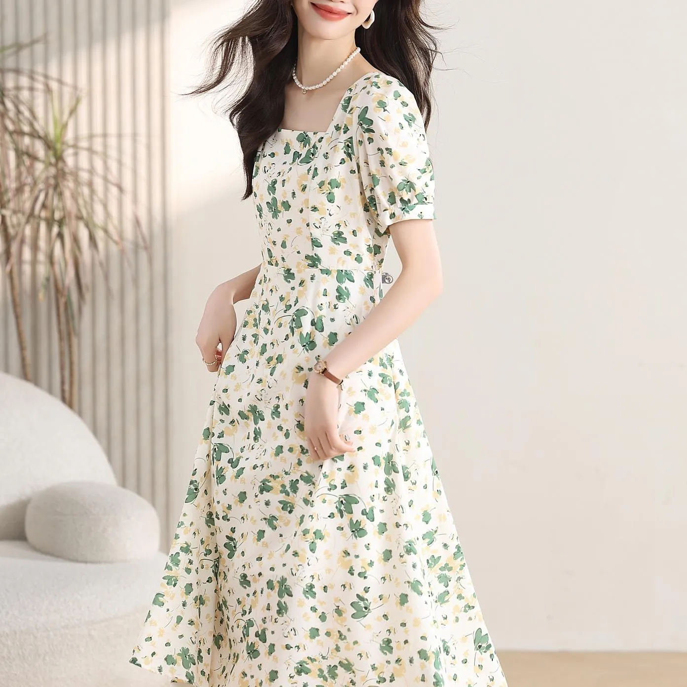 Women's Calf-length Chiffon Tea Dress with Charming Floral Design