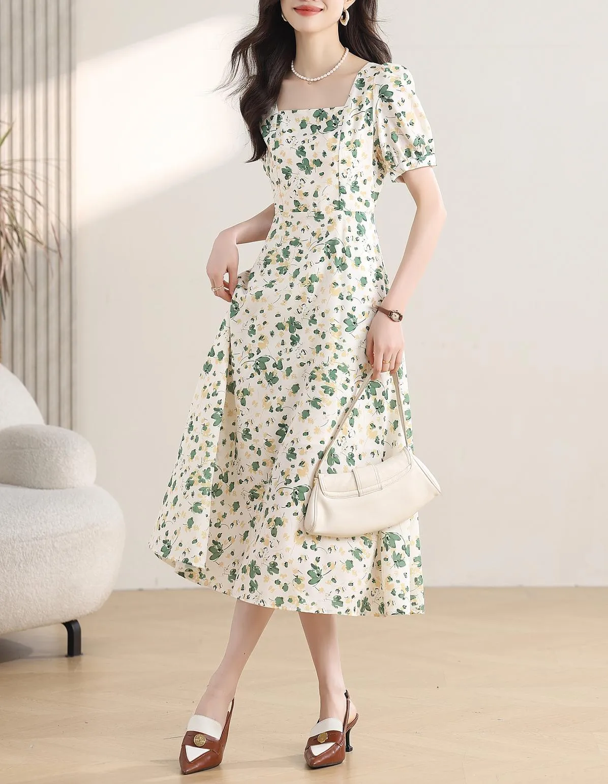 Women's Calf-length Chiffon Tea Dress with Charming Floral Design