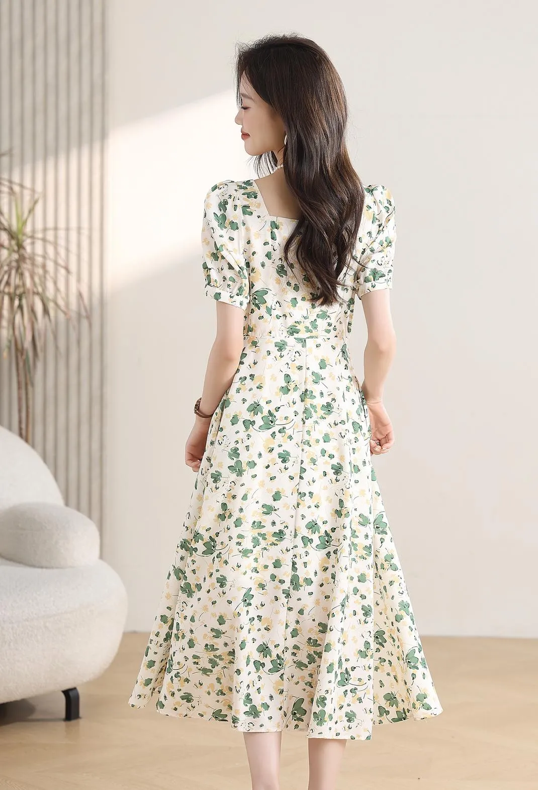 Women's Calf-length Chiffon Tea Dress with Charming Floral Design