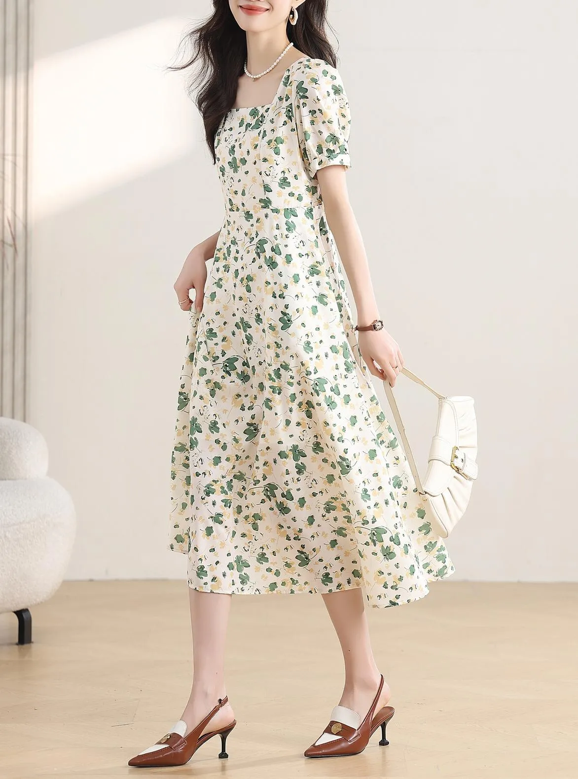 Women's Calf-length Chiffon Tea Dress with Charming Floral Design