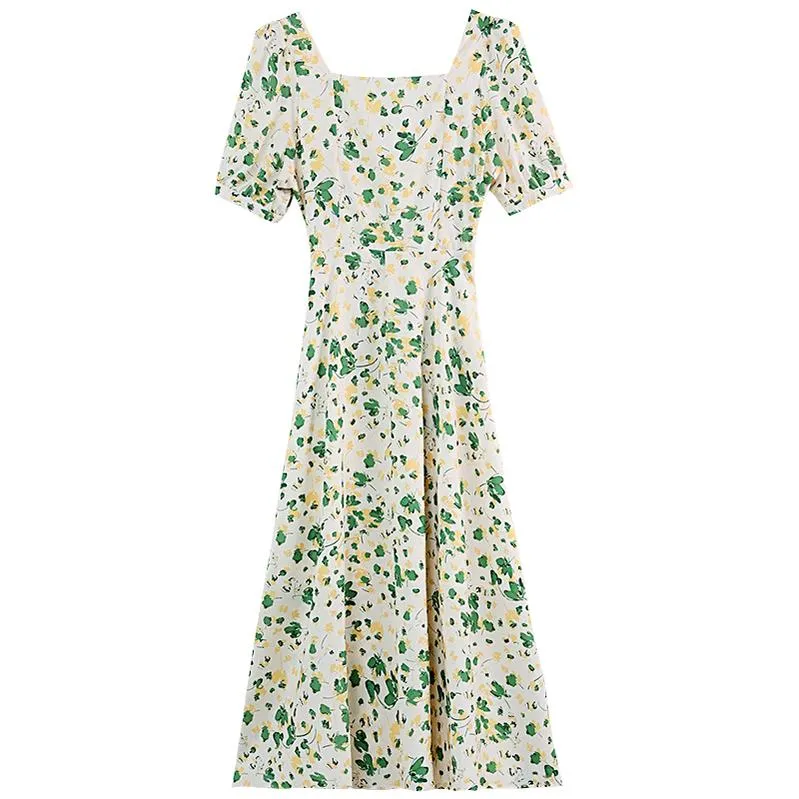 Women's Calf-length Chiffon Tea Dress with Charming Floral Design