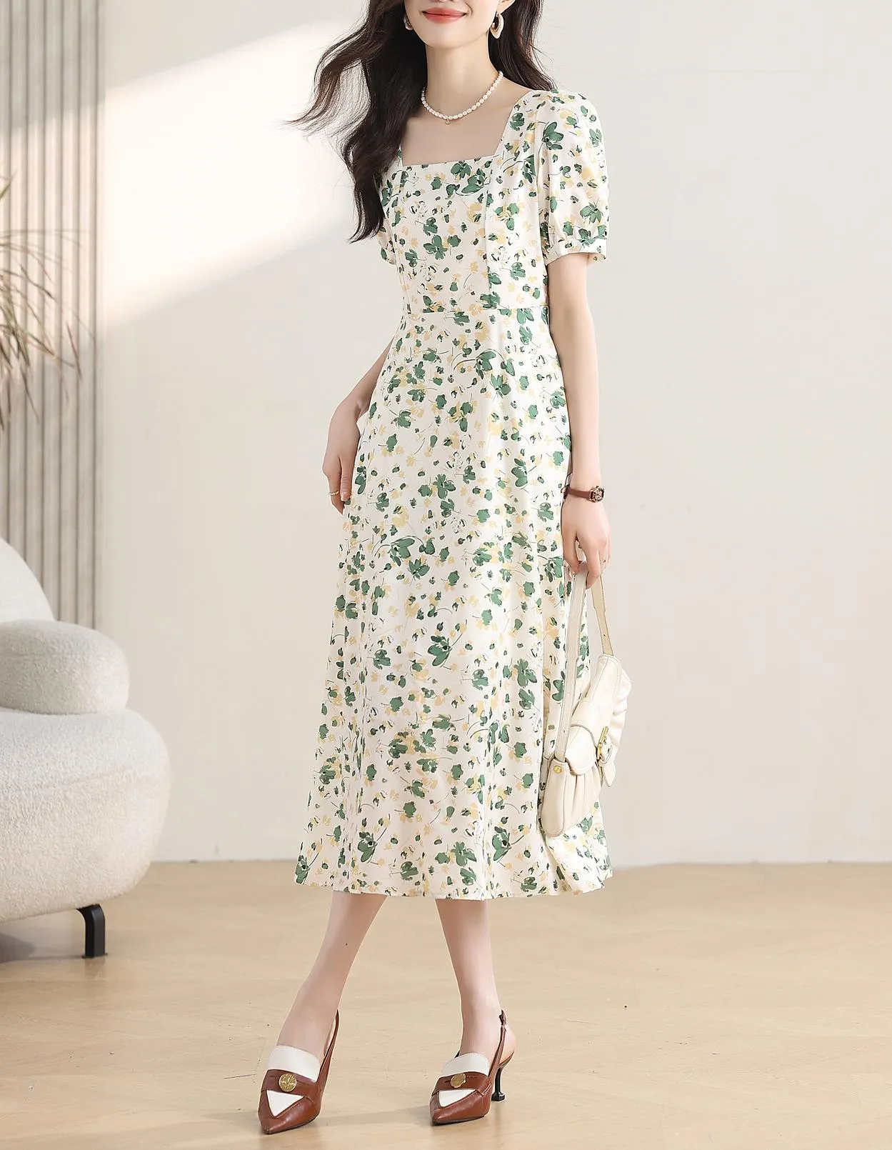 Women's Calf-length Chiffon Tea Dress with Charming Floral Design