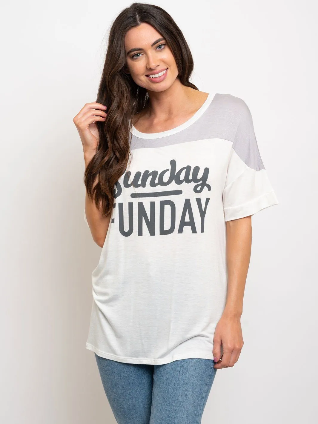WOMEN'S COLOR BLOCK "SUNDAY FUNDAY" GRAPHIC TOP