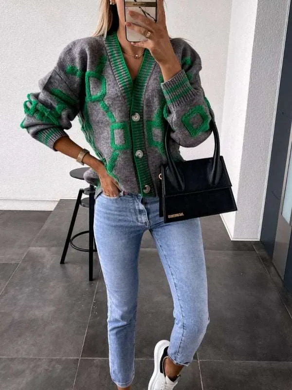 Women's Contrast Single-Breasted Drop-Sleeve Sleeve Cardigan
