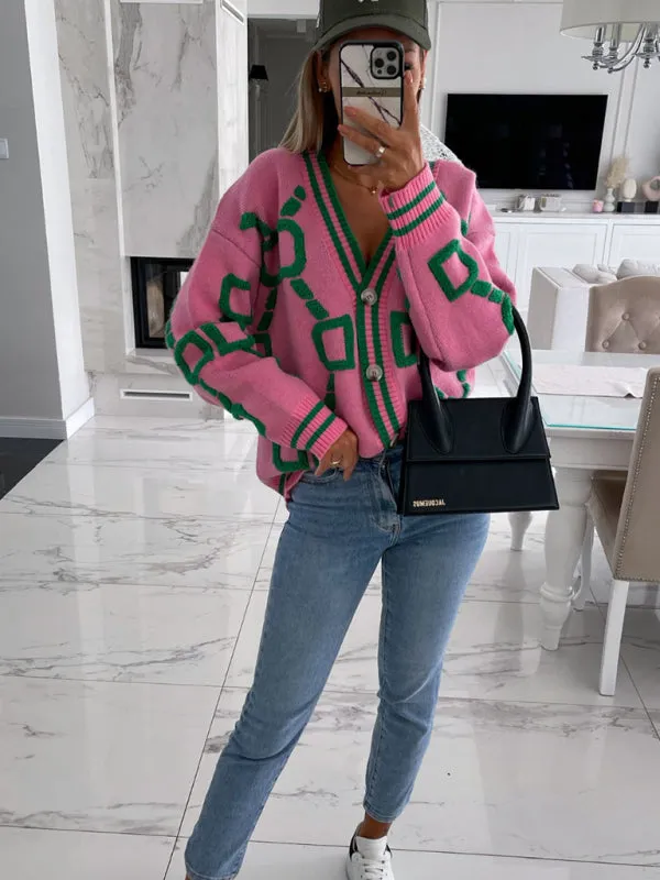 Women's Contrast Single-Breasted Drop-Sleeve Sleeve Cardigan