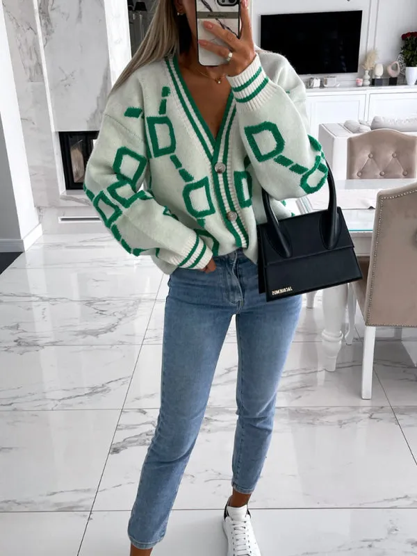 Women's Contrast Single-Breasted Drop-Sleeve Sleeve Cardigan