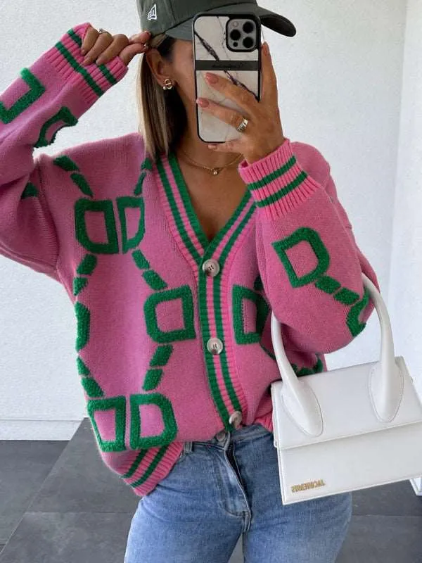 Women's Contrast Single-Breasted Drop-Sleeve Sleeve Cardigan