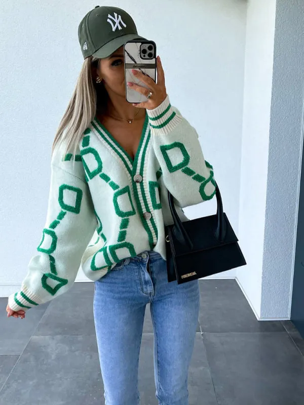 Women's Contrast Single-Breasted Drop-Sleeve Sleeve Cardigan