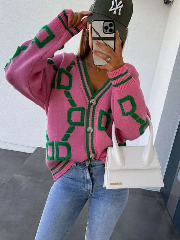 Women's Contrast Single-Breasted Drop-Sleeve Sleeve Cardigan