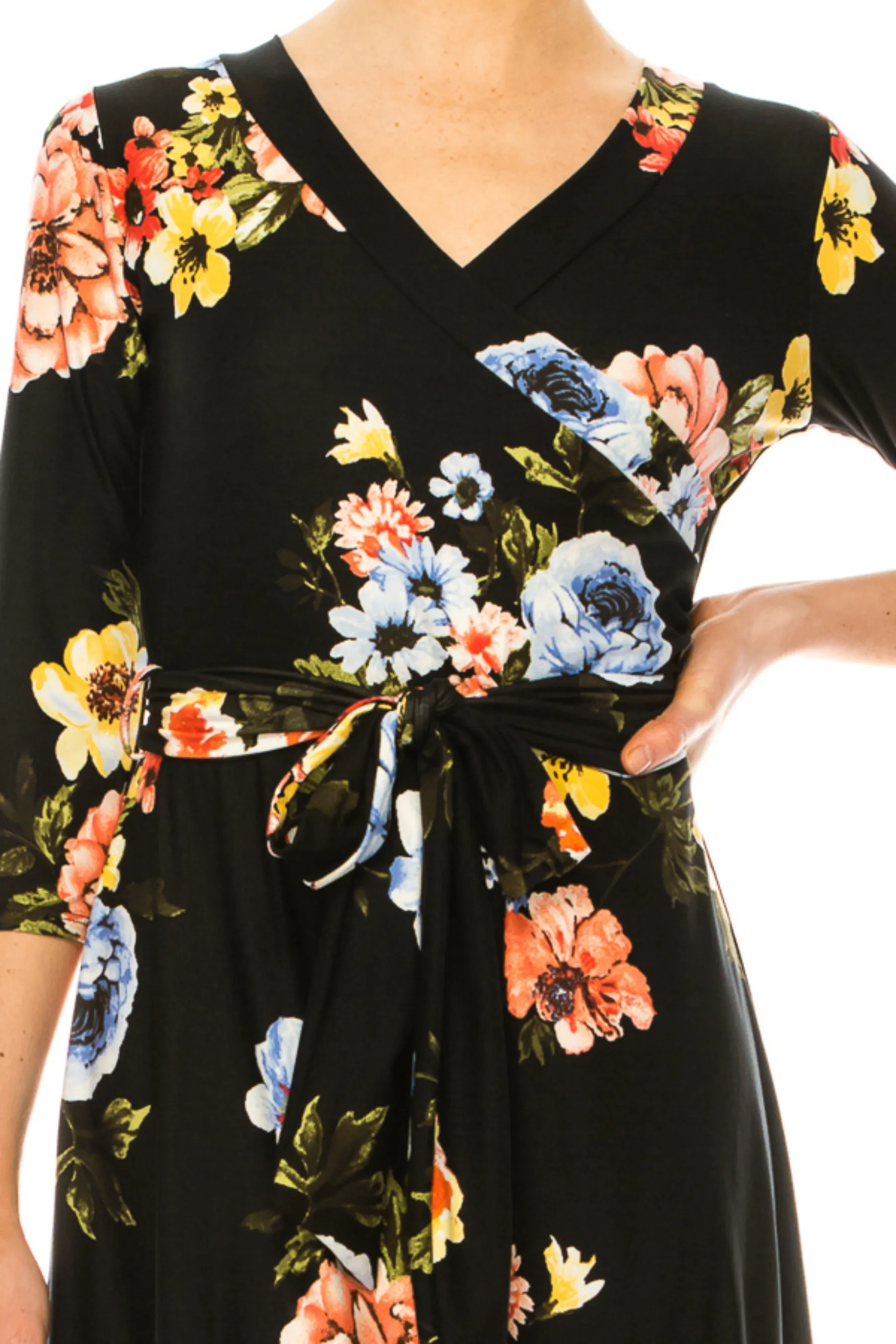 Women's Floral Print Faux Wrap Dress with Deep V-neck and Waist Tie