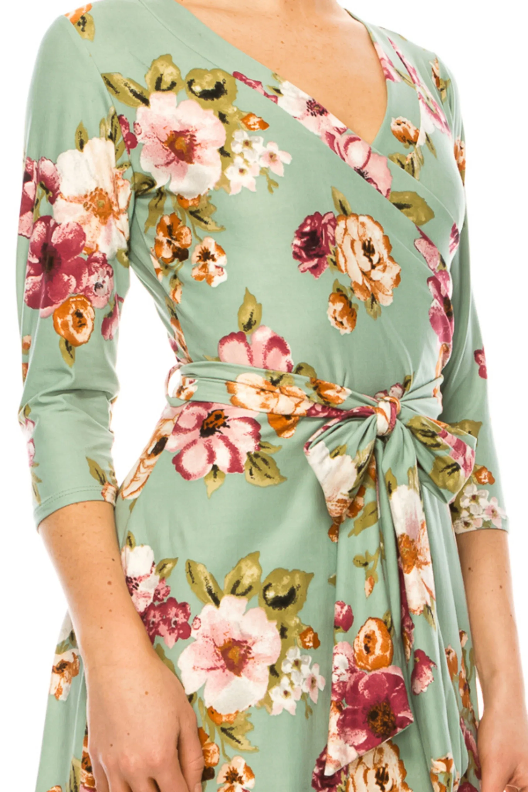Women's Floral Print Faux Wrap Dress with Deep V-neck and Waist Tie