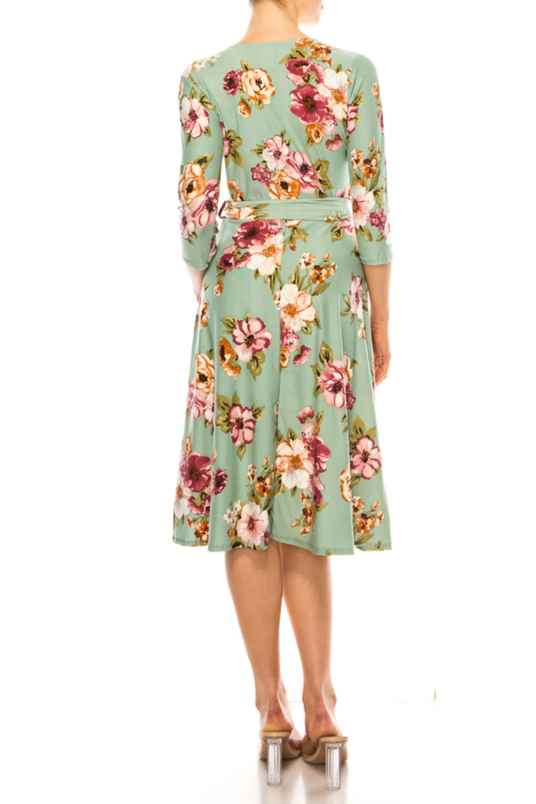 Women's Floral Print Faux Wrap Dress with Deep V-neck and Waist Tie