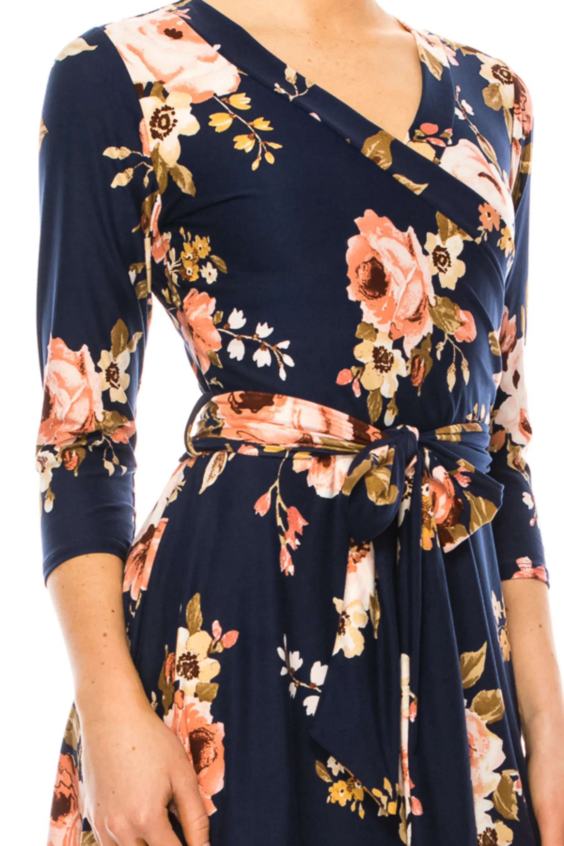 Women's Floral Print Faux Wrap Dress with Deep V-neck and Waist Tie