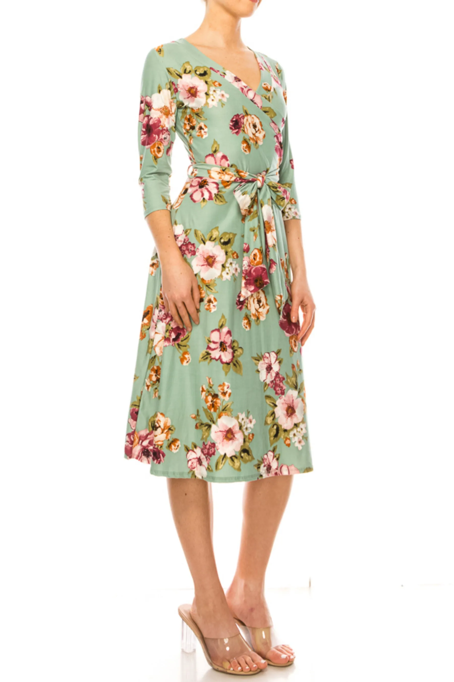 Women's Floral Print Faux Wrap Dress with Deep V-neck and Waist Tie