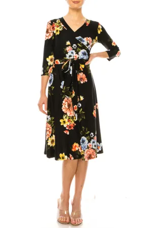 Women's Floral Print Faux Wrap Dress with Deep V-neck and Waist Tie