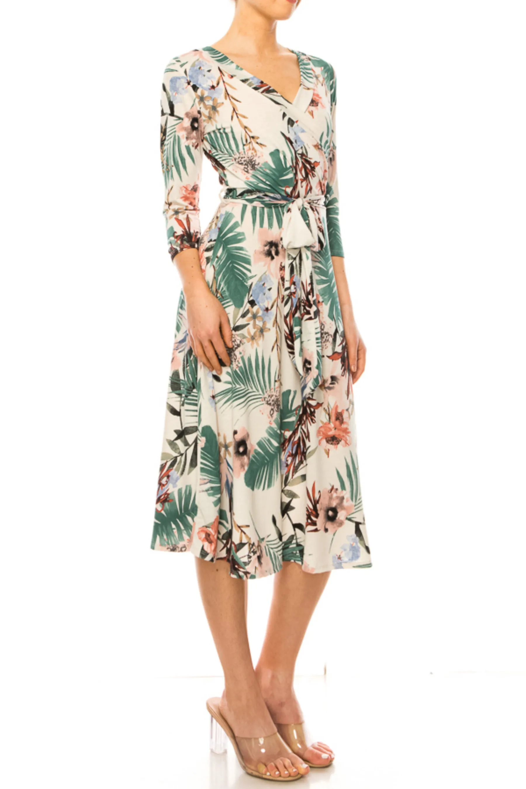 Women's Floral Print Faux Wrap Dress with Deep V-neck and Waist Tie