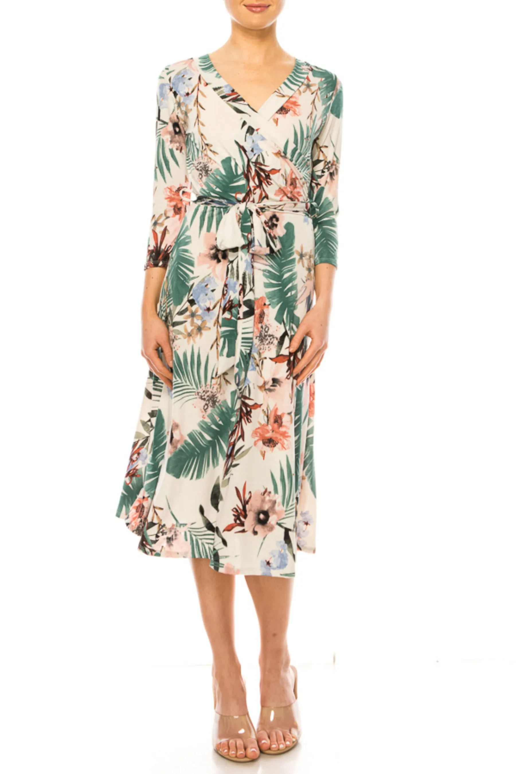 Women's Floral Print Faux Wrap Dress with Deep V-neck and Waist Tie