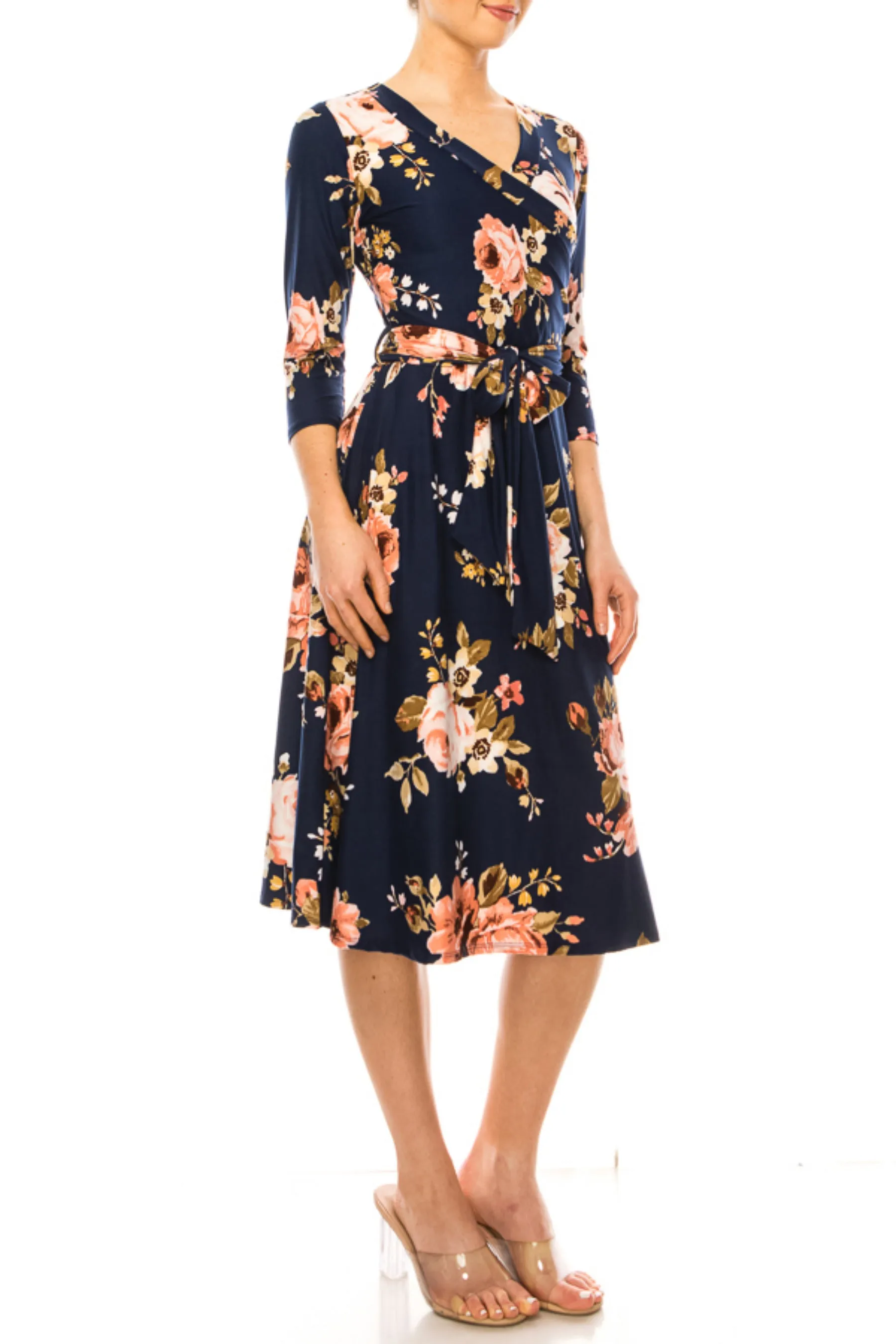 Women's Floral Print Faux Wrap Dress with Deep V-neck and Waist Tie