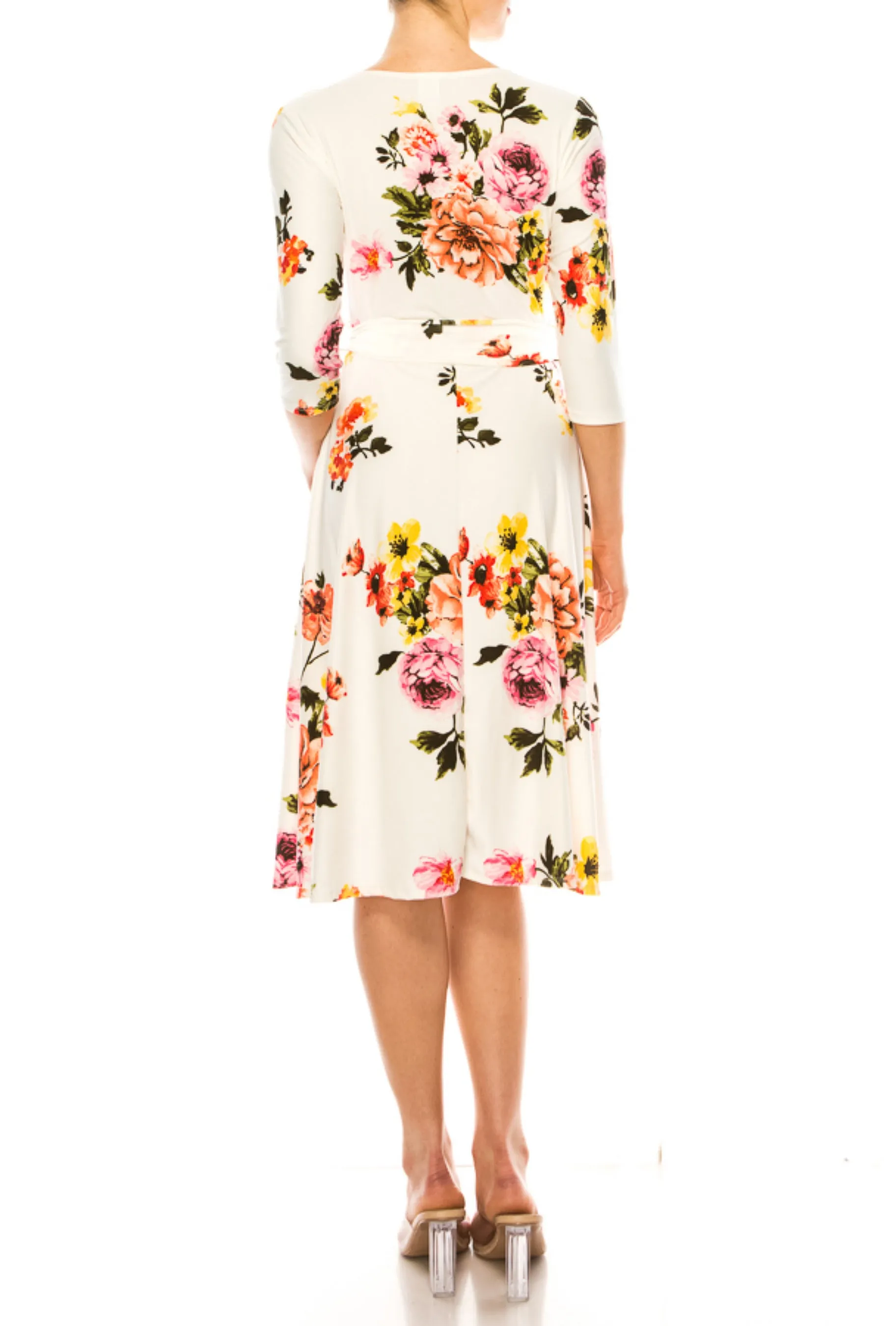 Women's Floral Print Faux Wrap Dress with Deep V-neck and Waist Tie