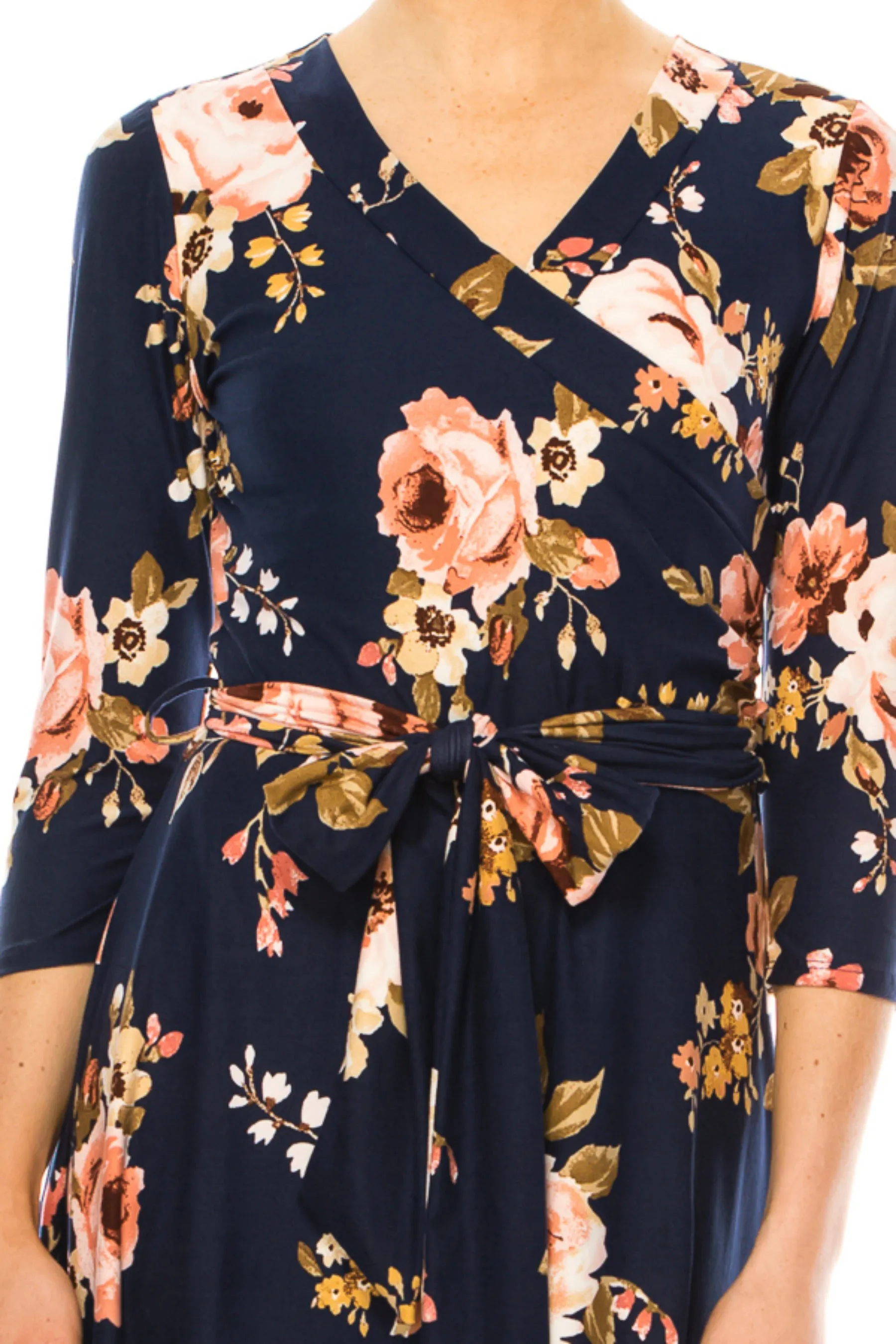 Women's Floral Print Faux Wrap Dress with Deep V-neck and Waist Tie