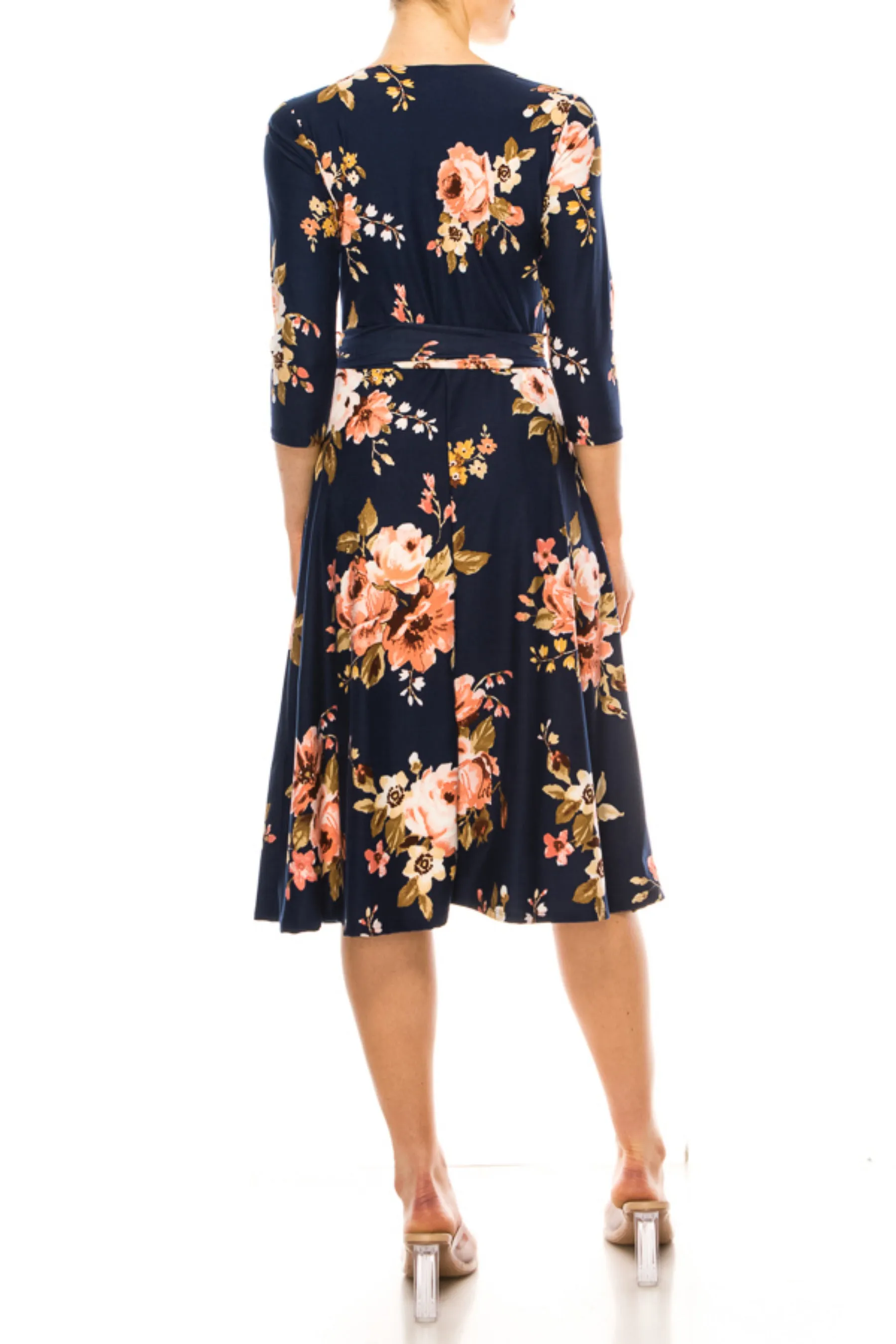 Women's Floral Print Faux Wrap Dress with Deep V-neck and Waist Tie