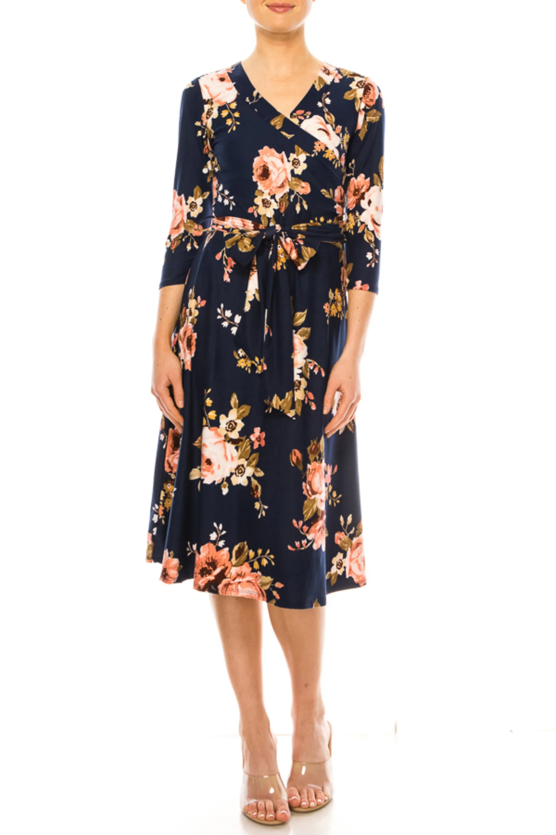 Women's Floral Print Faux Wrap Dress with Deep V-neck and Waist Tie