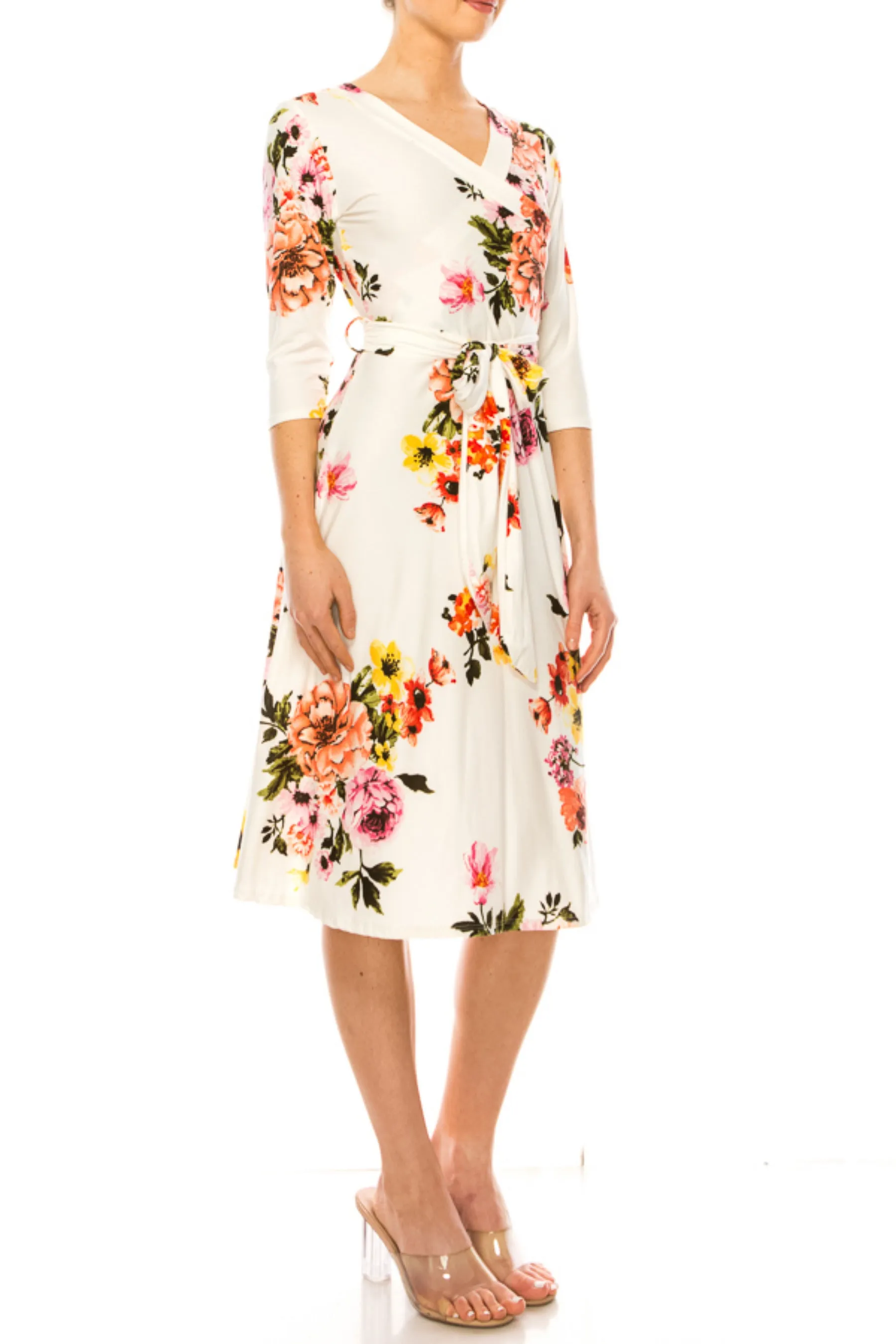 Women's Floral Print Faux Wrap Dress with Deep V-neck and Waist Tie