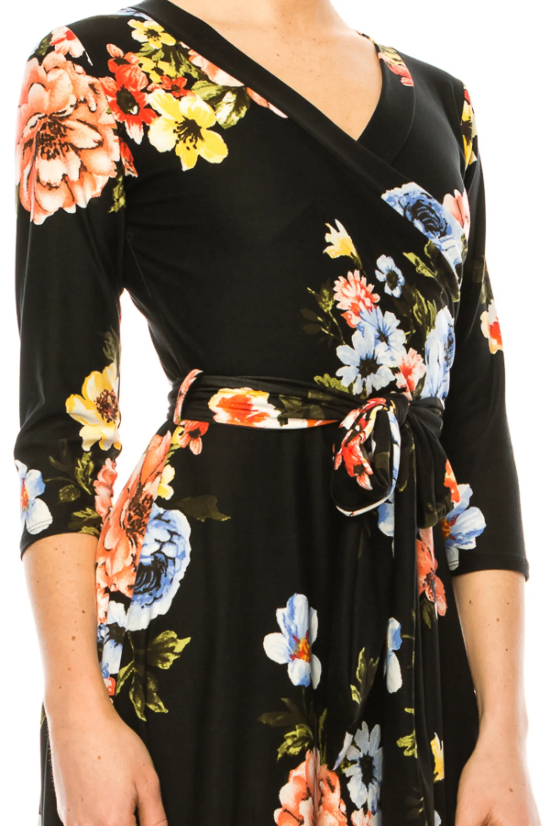 Women's Floral Print Faux Wrap Dress with Deep V-neck and Waist Tie